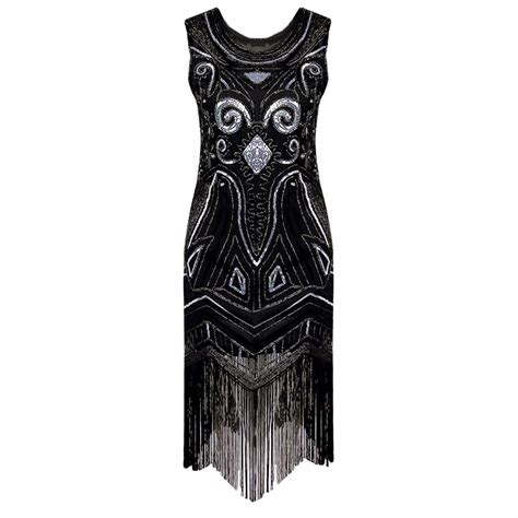 Feminino Preto 1920s Vintage Gatsby Flapper Vestido Arte Nouveau Deco