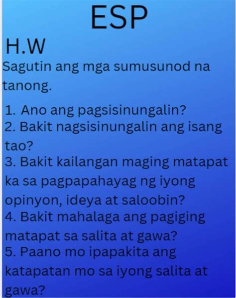 ESP 5 Pagsisinungalin Pakisagot Po Ng Tama Thank You Brainly Ph