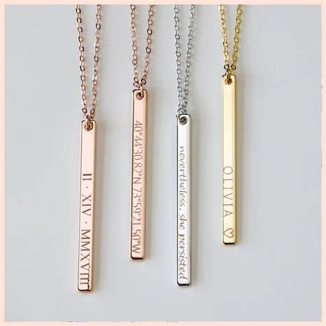 Custom Personalized Vertical Bar Silver Necklace Engraved Date Name