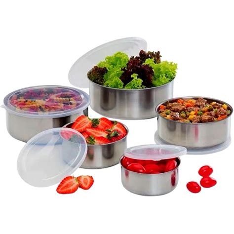 Kit Conjunto Potes Vasilhas Tigelas Inox Tampas Para Armazenar