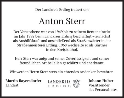 Traueranzeigen Von Anton Sterr Trauer Merkur De