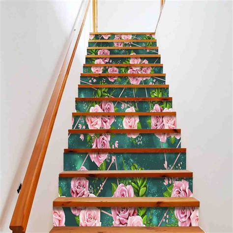 Pink Rose Stair Stickers Green Leaves Flowers Staircase Murals Mothers Day Floral Stair Risers