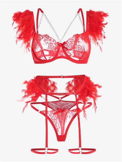 Feather Sheer Lace Underwire Chains Garter Belt Lingerie Set In Red