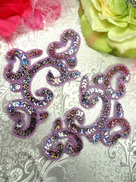 0242 Appliques Mirror Pair Lavender Holographic Sequin Beaded 6 0242x