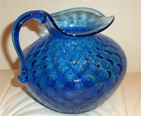 Vintage Cobalt Blue Pitcher Hand Blown Glass With Applied Etsy