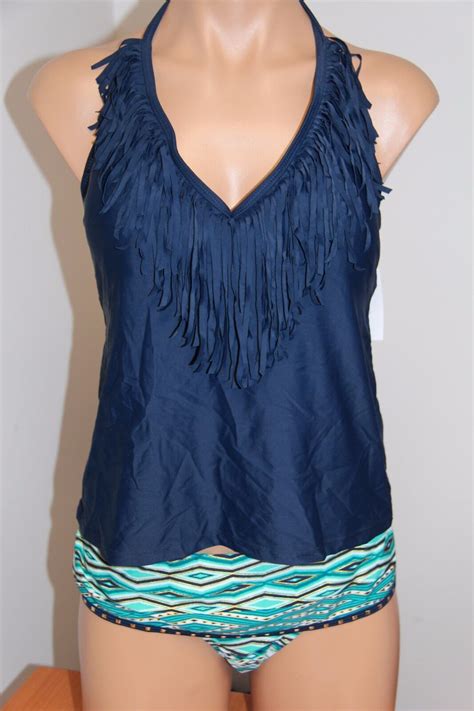Jessica Simpson Swimsuit Bikini Tankini 2pc Set Sz L Navy Multi Halter Skirt EBay