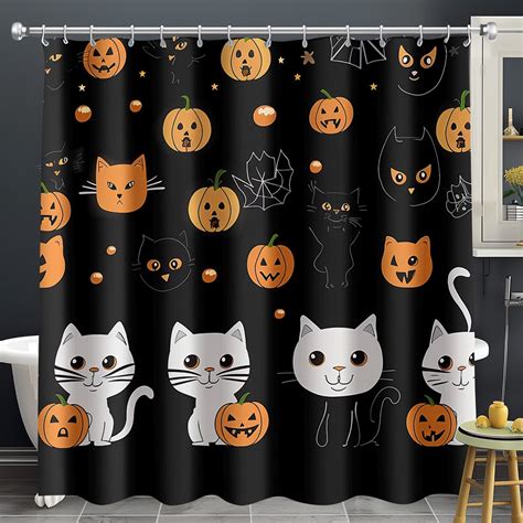 Spooktacular Halloween Cat And Pumpkin Shower Curtain Cartoon Cute Design