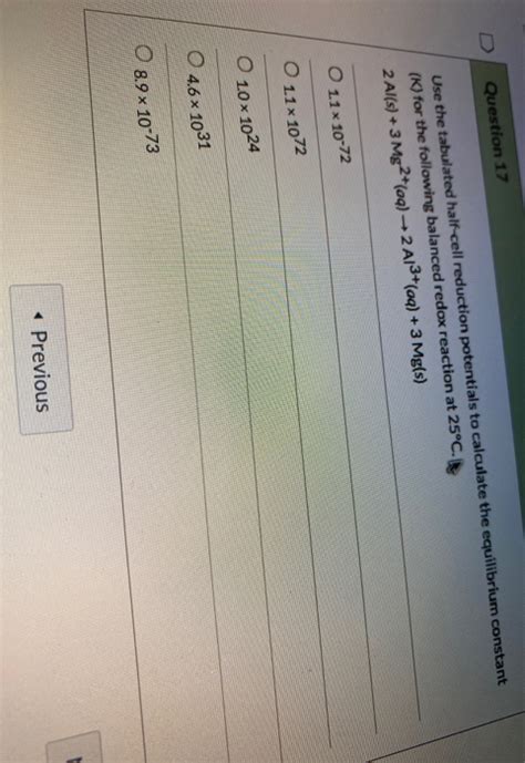 Solved Question Use The Tabulated Half Cell Reduction Chegg