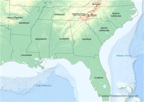 Southeastern US Physical Map