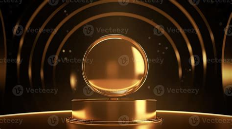 Golden podium with round frame on black background. Award ceremony ...