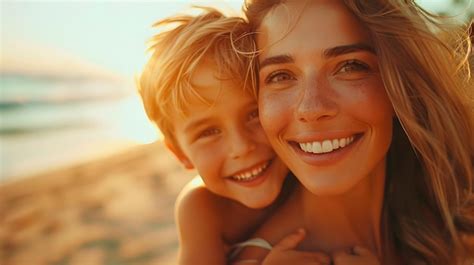 Premium Photo Mother And Son On A Day Together On The Beach At Sunset