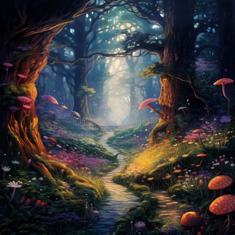 Enchanted Mystical Forest Dreamy Fairy Environment Pintable Background Stock Illustration ...