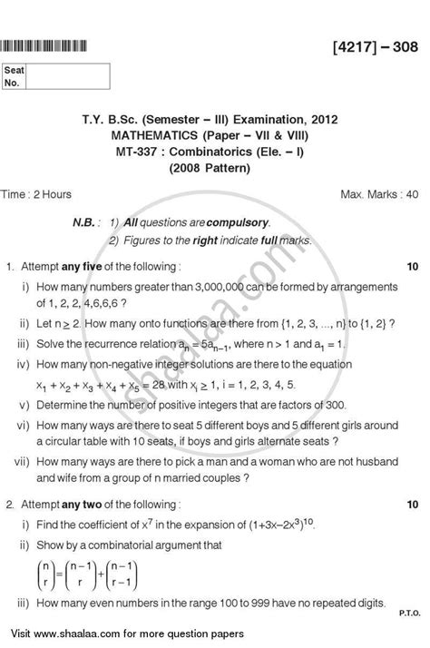 Combinatorics 2012 2013 Bsc Mathematics Semester 5 Tybsc Question