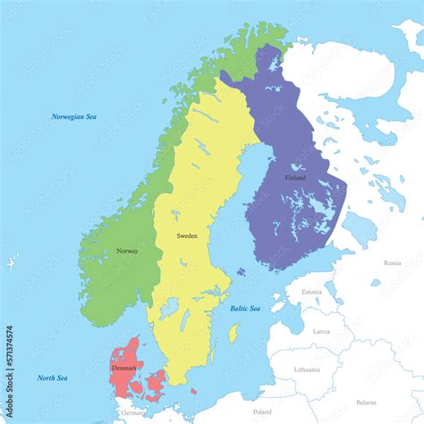 Map Of Northern Europe With Borders Of The Countries Scandinavia Stock