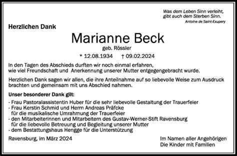 Traueranzeigen Von Marianne Beck Schwaebische De Trauerportal