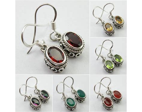 Natural Stone GARNET Earrings 1.0 925 Sterling Silver Handmade Classic ...