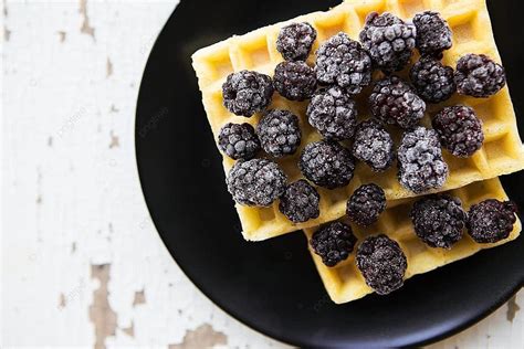 Belgian Waffles With Blackberry Dessert Golden Fresh Photo Background