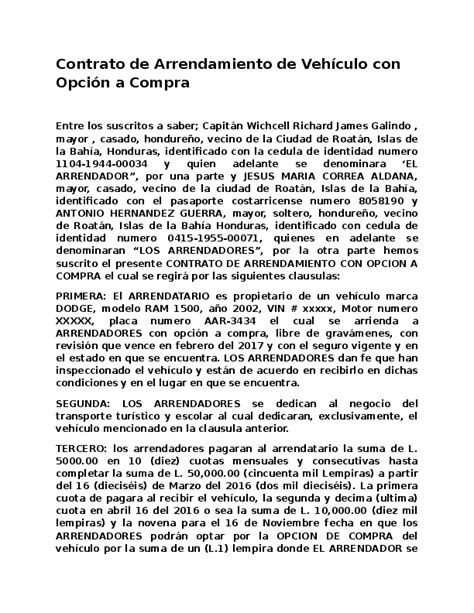 Doc Contrato De Arrendamiento De Vehículo Con Opción A Compra