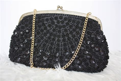 Vintage 80s Bag Black Beaded Purse With Silver Strap Retro Evening