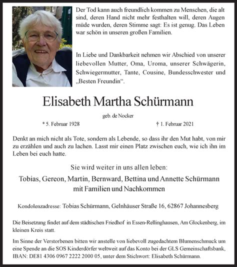 Traueranzeigen von Elisabeth Martha Schürmann Trauer in NRW de