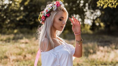 Wallpaper Women Outdoors Model Blonde Flowers Dress Fashion