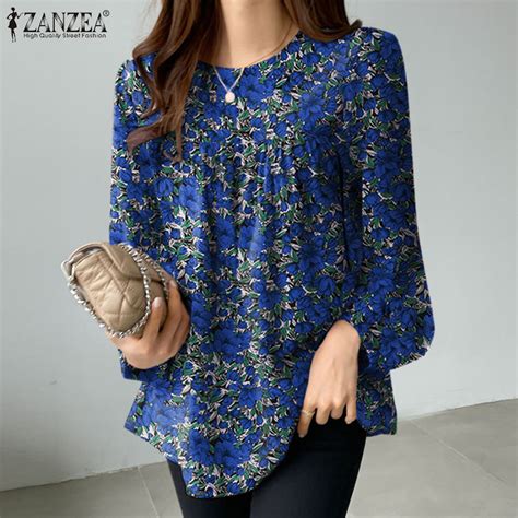 Esolo Zanzea Womens Vintage Floral Printed Loose Blouse Long Sleeve O