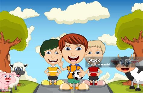 anakanak bermain  jalan  babi domba kartun sapi ilustrasi stok