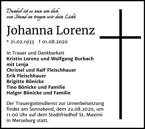 Traueranzeigen Von Johanna Lorenz Abschied Nehmen De