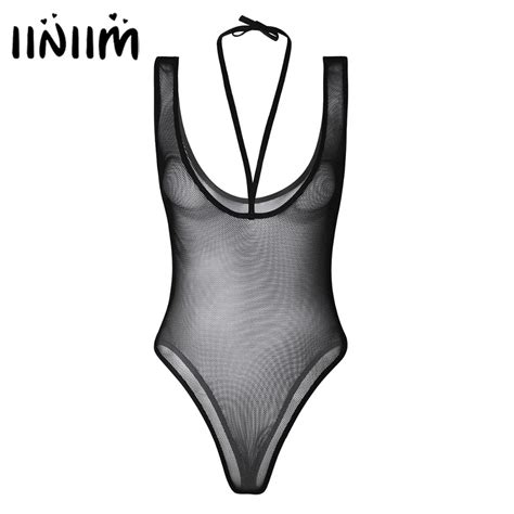 Women Lingerie One Piece Body Suit Sleeveless Strappy Halter Fishnet