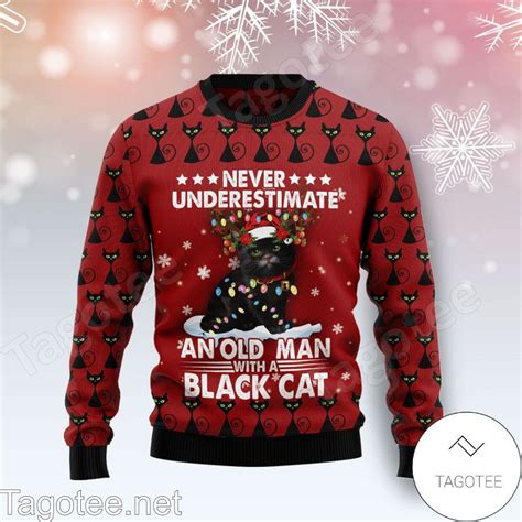 Black Cat Old Man Xmas Ugly Christmas Sweater Tagotee