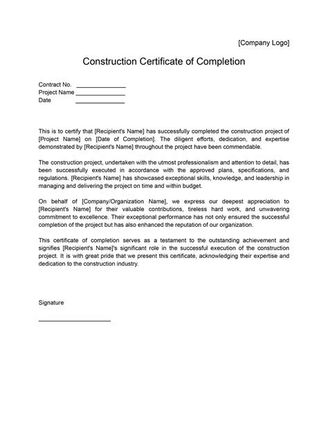 Certificate Of Completion Contractor Template