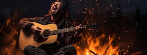 Hombre Canta Y Toca La Guitarra Sentado Junto Al Fuego En La Naturaleza