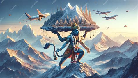 Premium Photo | Hanuman flying towards the Himalayas in search of the Sanjeevani herb