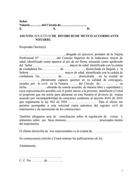 Solicitud Divorcio Ante Notaria De Mutuo Acuerdo Señor Notario