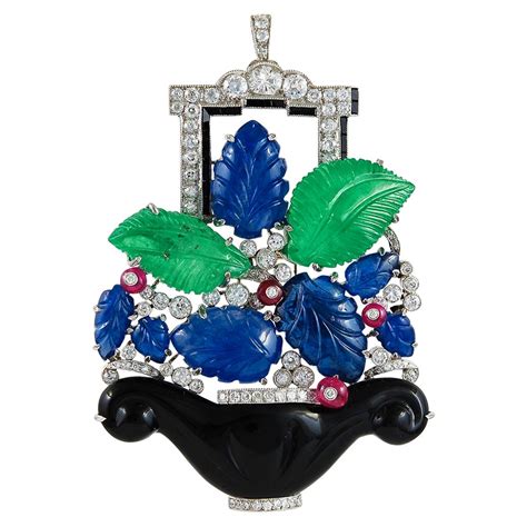 Emerald Diamond Platinum Flower Brooch For Sale At Stdibs