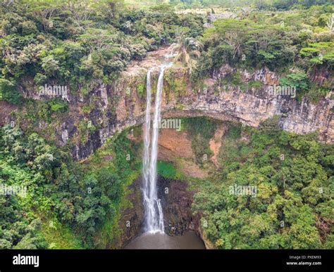 Aerial top view perspective of Chamarel Waterfall in the tropical