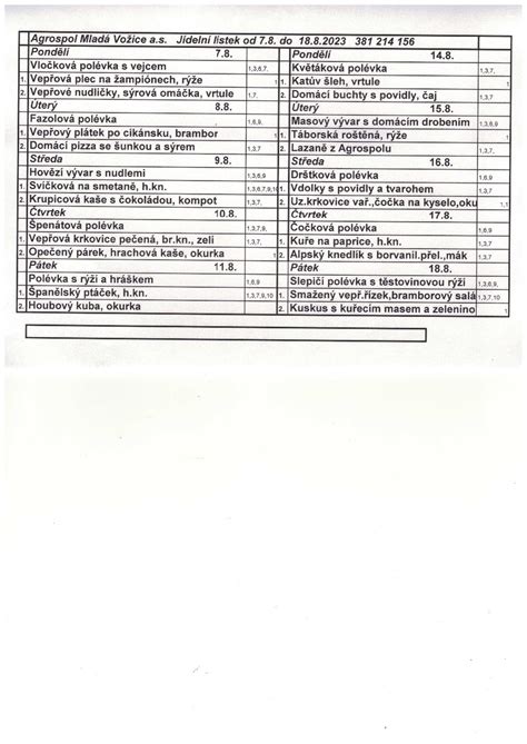 Jídelní lístek od 7 8 do 18 8 2023 Agrospol Mladá Vožice a s