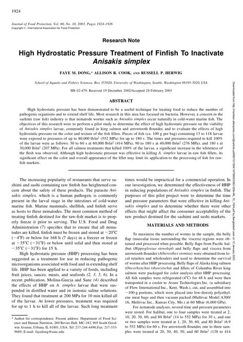 (PDF) High Hydrostatic Pressure Treatment of Finfish To Inactivate Anisakis simplex