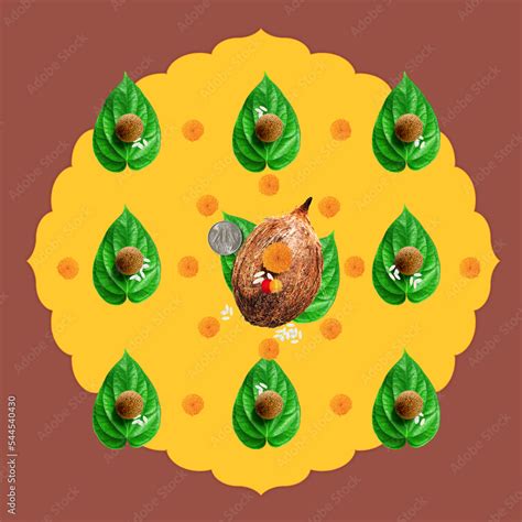 Traditional classic Hindu auspicious occasion background. Top view of ...