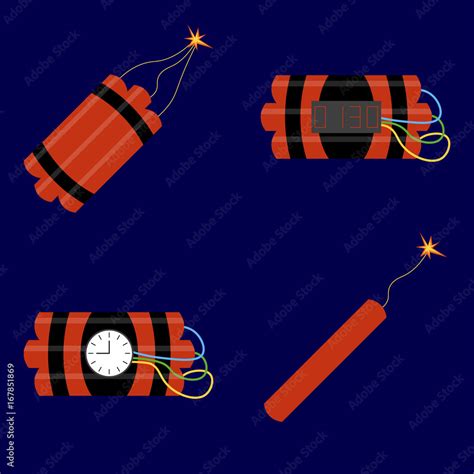 Flat Simple Set Of Dynamite Isolated On Blue Background Icon Of