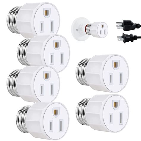 6 Pack Light Socket To Plug Adapter E26 E27 3 Prong Light Socket