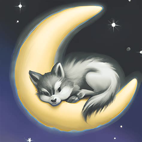 Beautiful Cute Sleeping Sweet Baby Wolf on a Crescent Moon · Creative ...