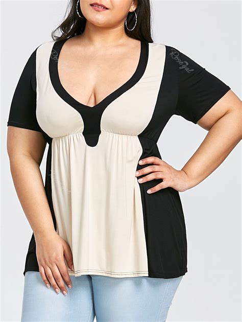 Off Plus Size Color Block Plunging Neck T Shirt Rosegal