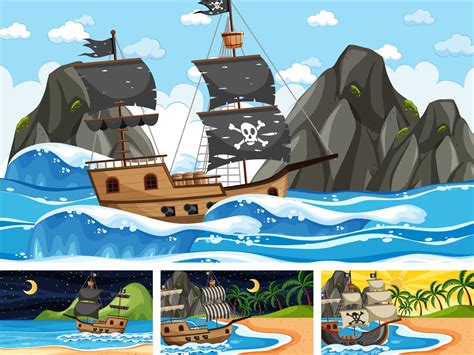 Set Di Scene Oceaniche In Momenti Diversi Con Nave Pirata In Stile