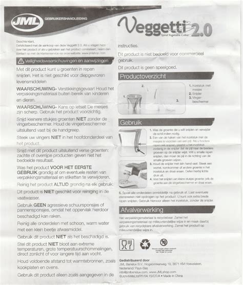 Jml Veggetti Handleiding Pagina S