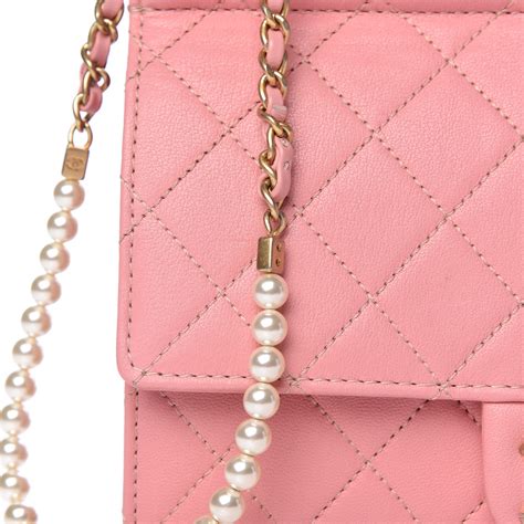 CHANEL Lambskin Quilted Pearl Chain Flap Bag Pink 454891