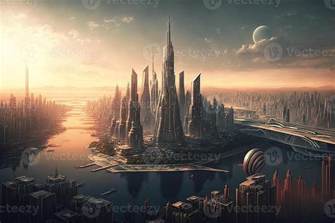 New York City of the future year 2100 with flying cars and new