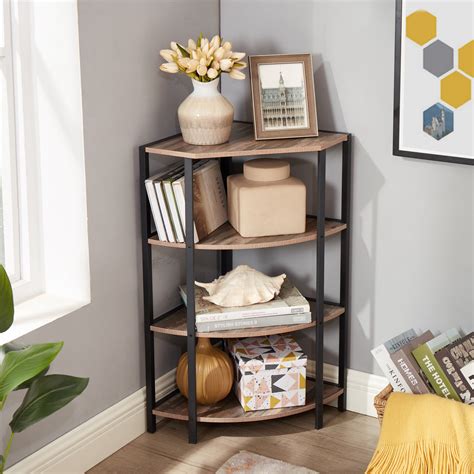 Corner Shelf 4 Tier Display Shelves Wood Storage Stand With Metal Frame