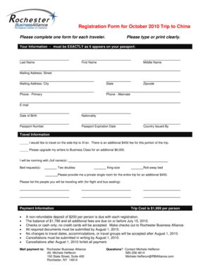 Fillable Online Registration Form For October 2010 Trip To China