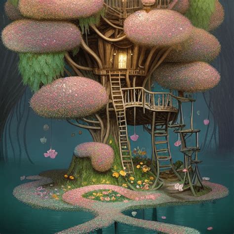 Whimsical Treehouse with Flowers · Creative Fabrica